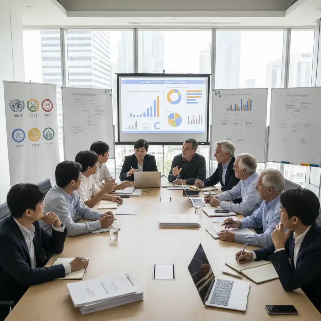 Grupo diverso de personas colaborando en proyectos de igualdad y desarrollo económico.