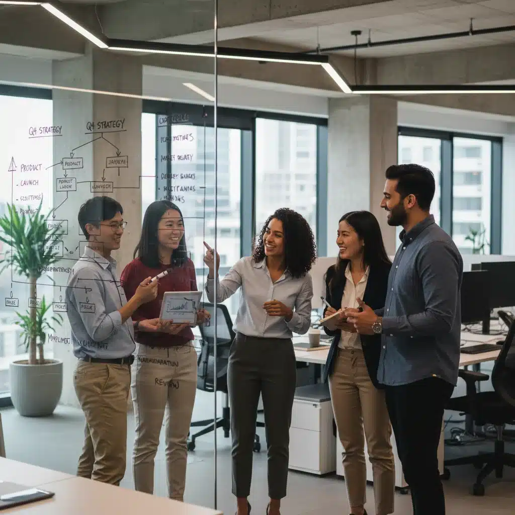 Equipo diverso de profesionales colaborando en una oficina moderna, discutiendo planes estratégicos y proyectos.