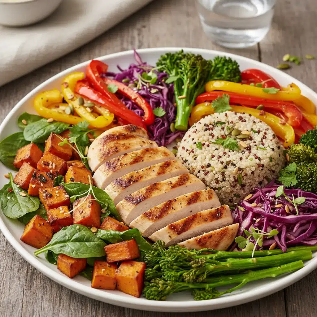 Plato equilibrado con proteínas magras, carbohidratos complejos y vegetales coloridos, ideal para combatir la fatiga.