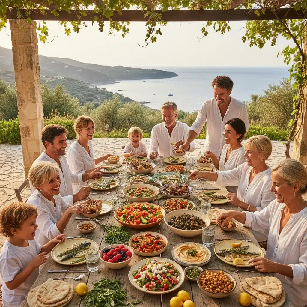Familias y amigos disfrutando de una comida mediterránea al aire libre, compartiendo risas y platos saludables.