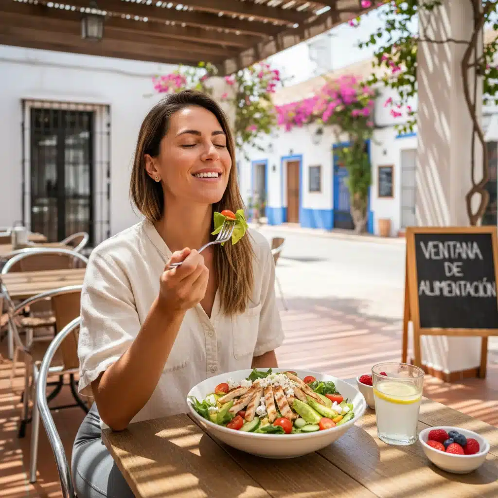 Persona feliz comiendo una comida saludable después de un periodo de ayuno, disfrutando de los beneficios.