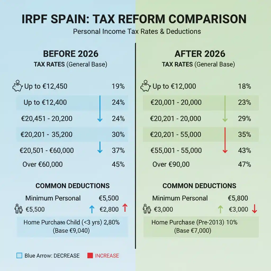 Infografía comparativa de tipos impositivos IRPF antes y después de los cambios fiscales de 2026 en España.