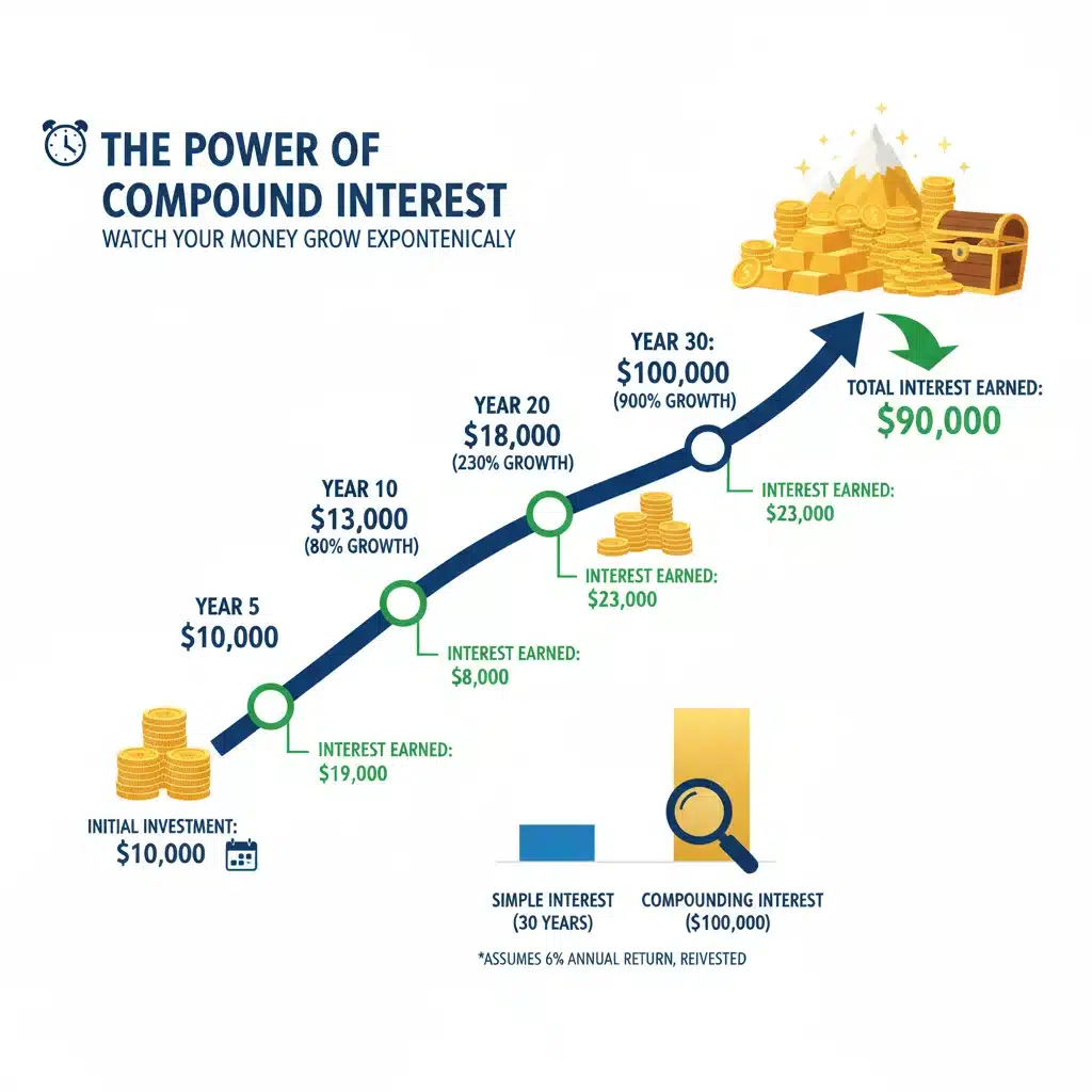 Infographic showing compound interest growth over time on 401k contributions.