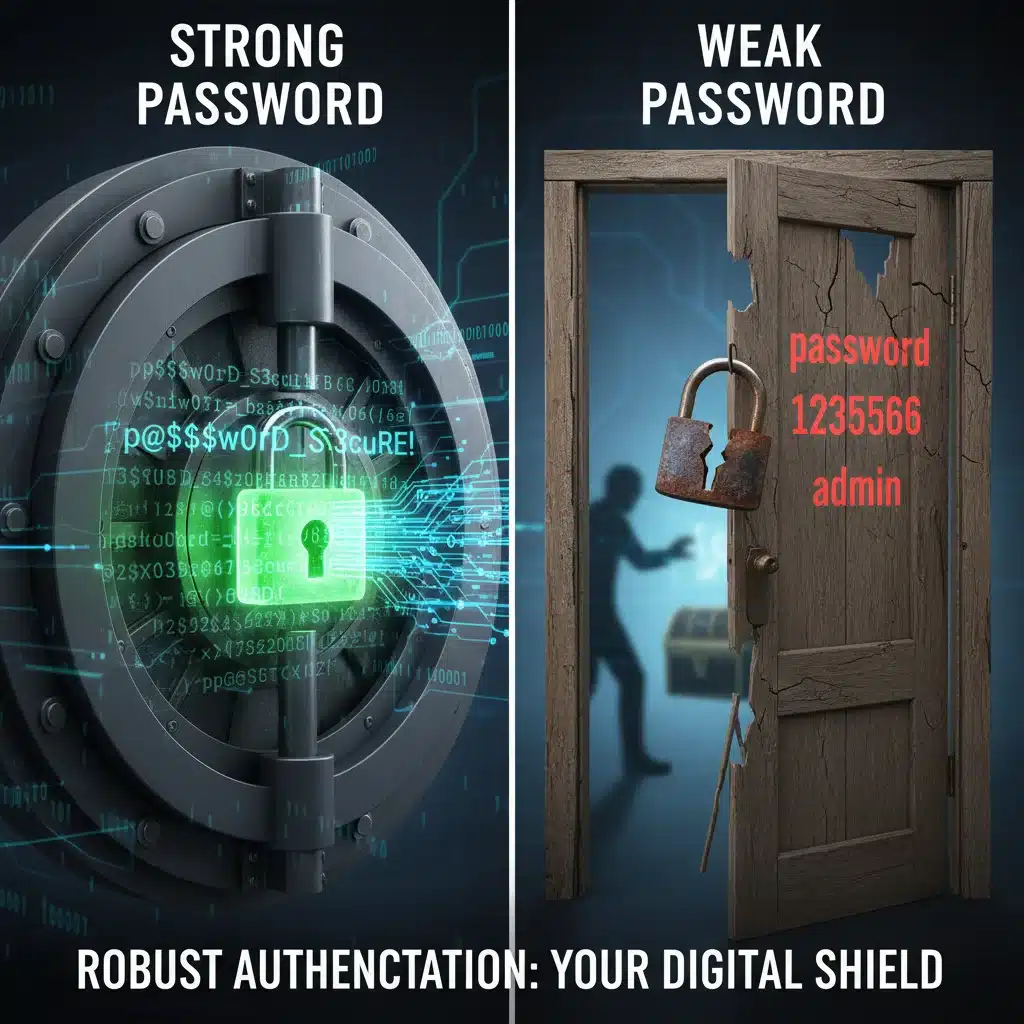 Comparación visual de contraseñas fuertes y débiles, enfatizando la importancia de la ciberseguridad.