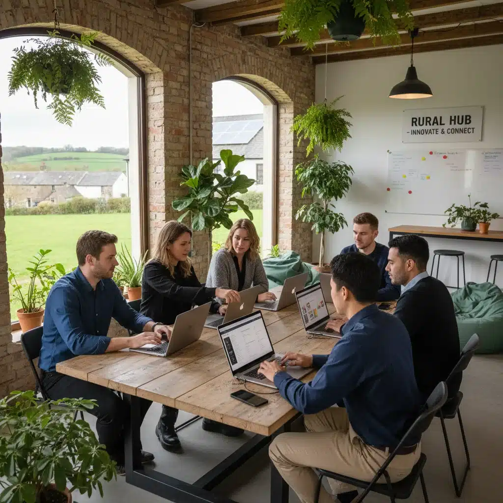Jóvenes profesionales trabajando en un espacio de coworking rural, representando el teletrabajo y nuevas oportunidades económicas en la España vaciada.