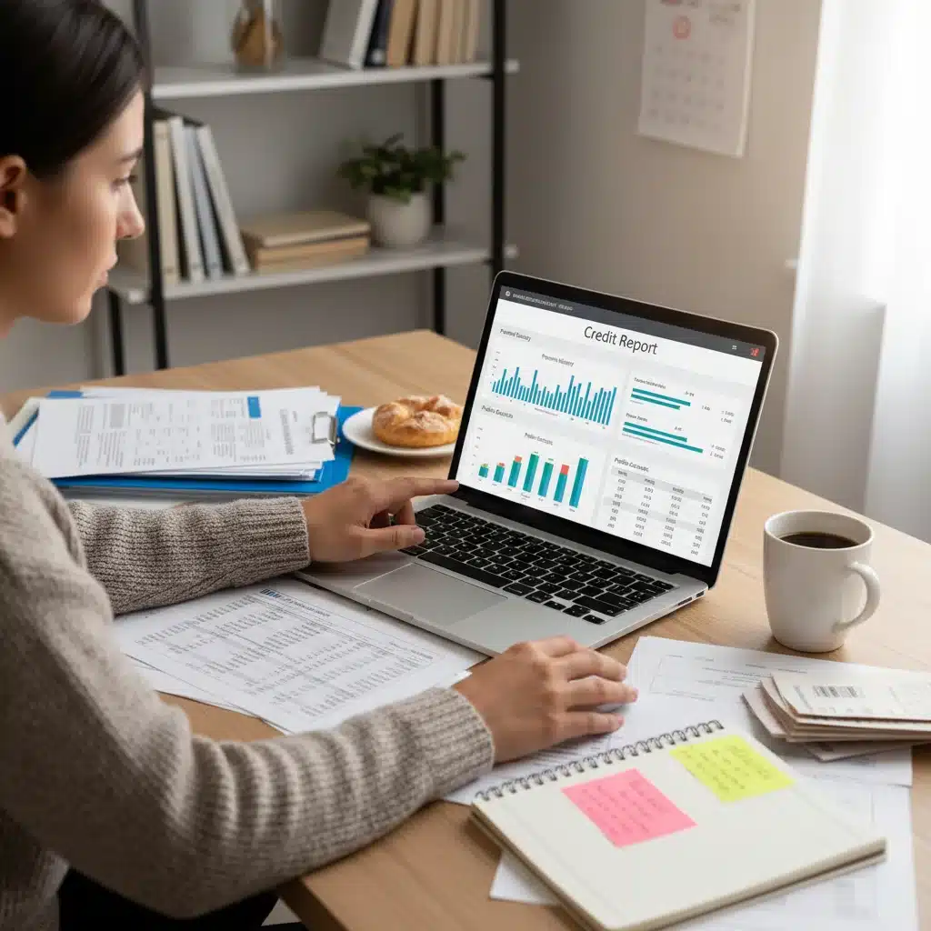 Person analyzing credit report on laptop for FICO 10
