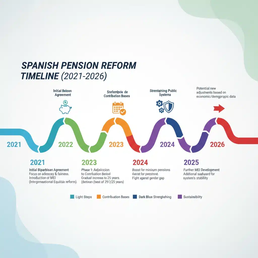 Infografía de la cronología y principales cambios de la reforma de pensiones en España hasta 2026