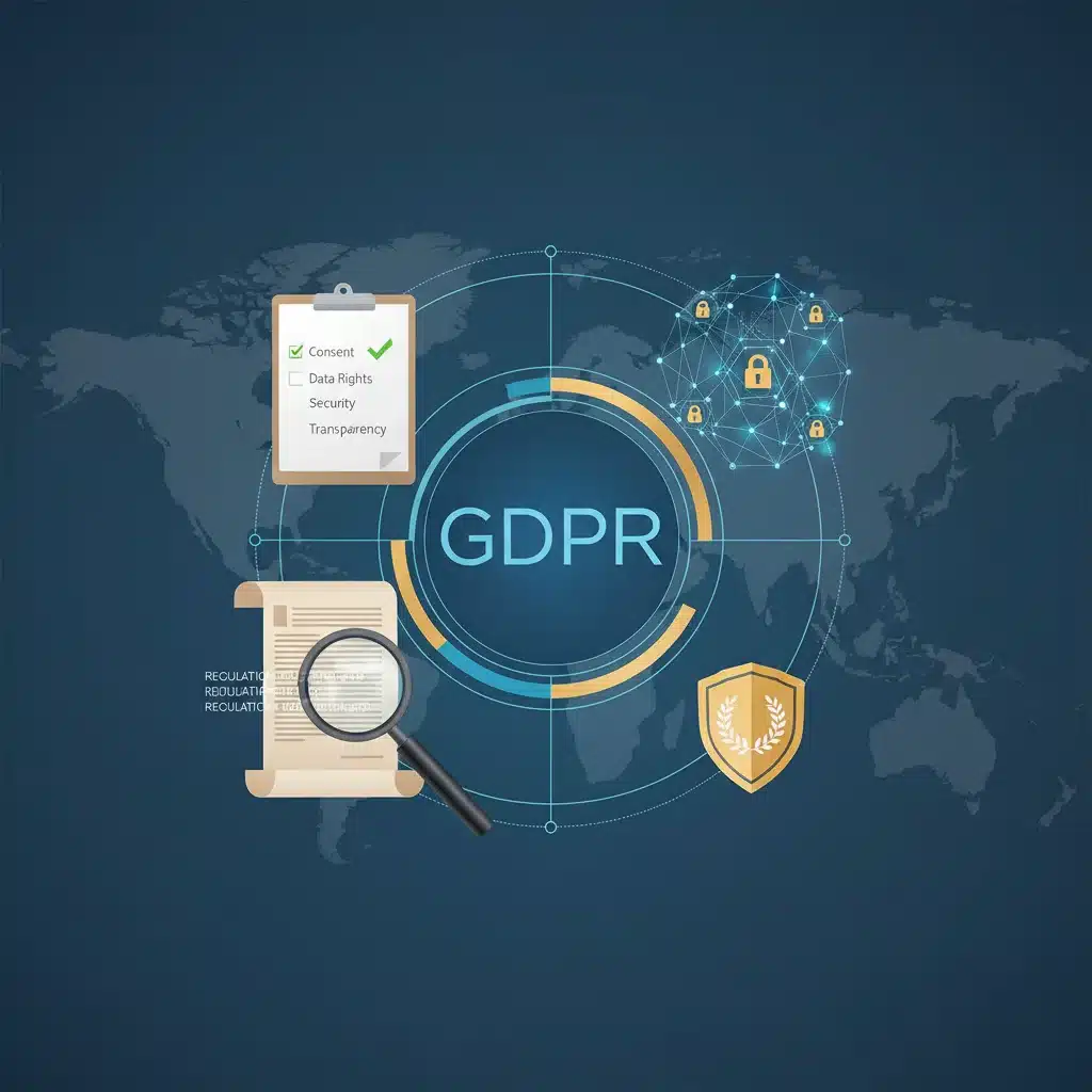 Ilustración de la normativa RGPD con documentos legales y un escudo, representando el cumplimiento y la protección de datos.
