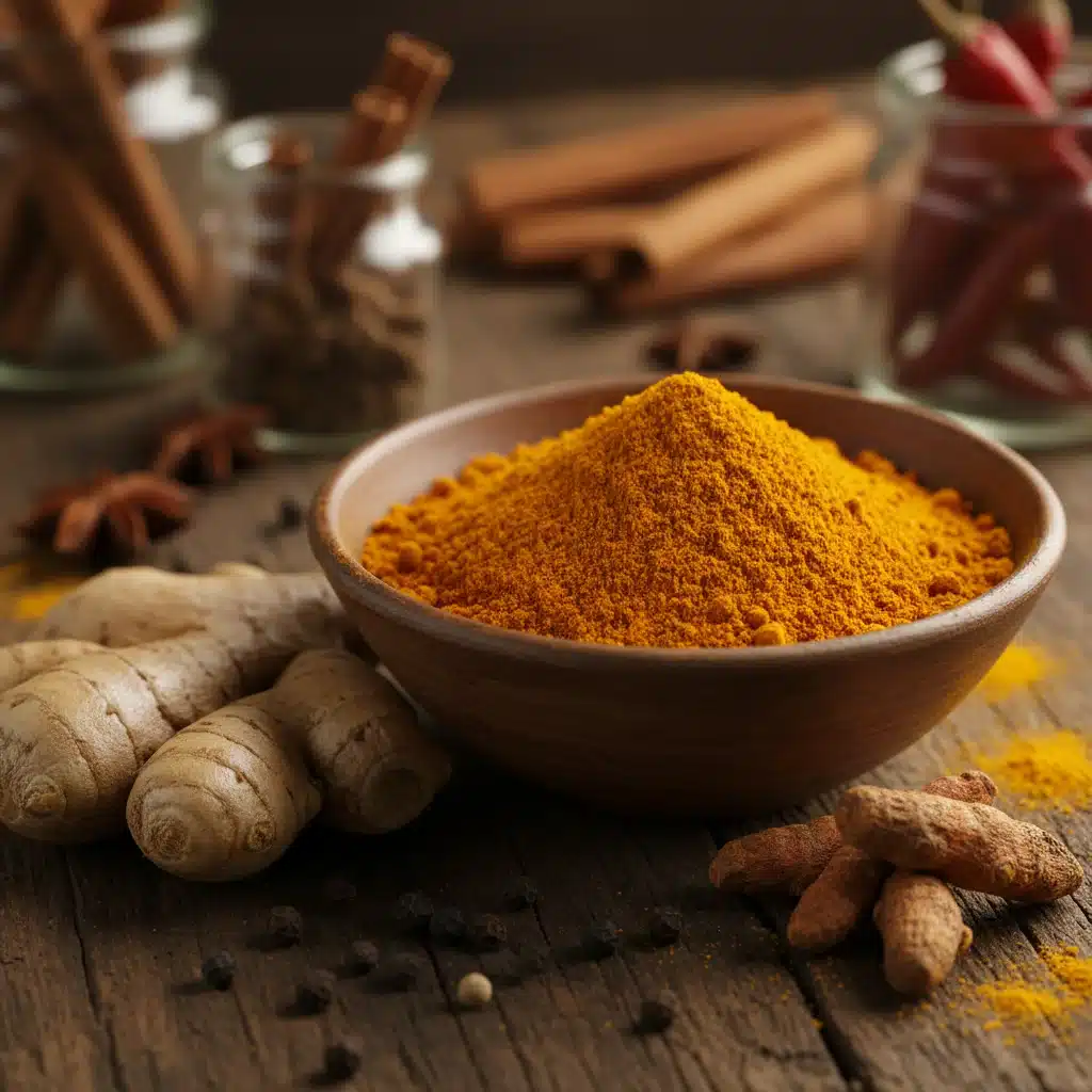 Cúrcuma fresca y especias antiinflamatorias en un bol