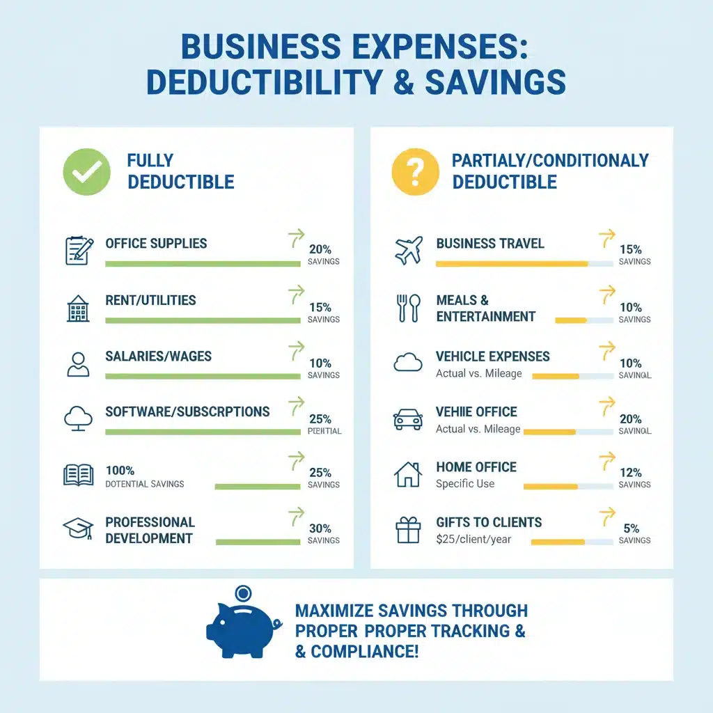 Infographic showing various deductible business expenses
