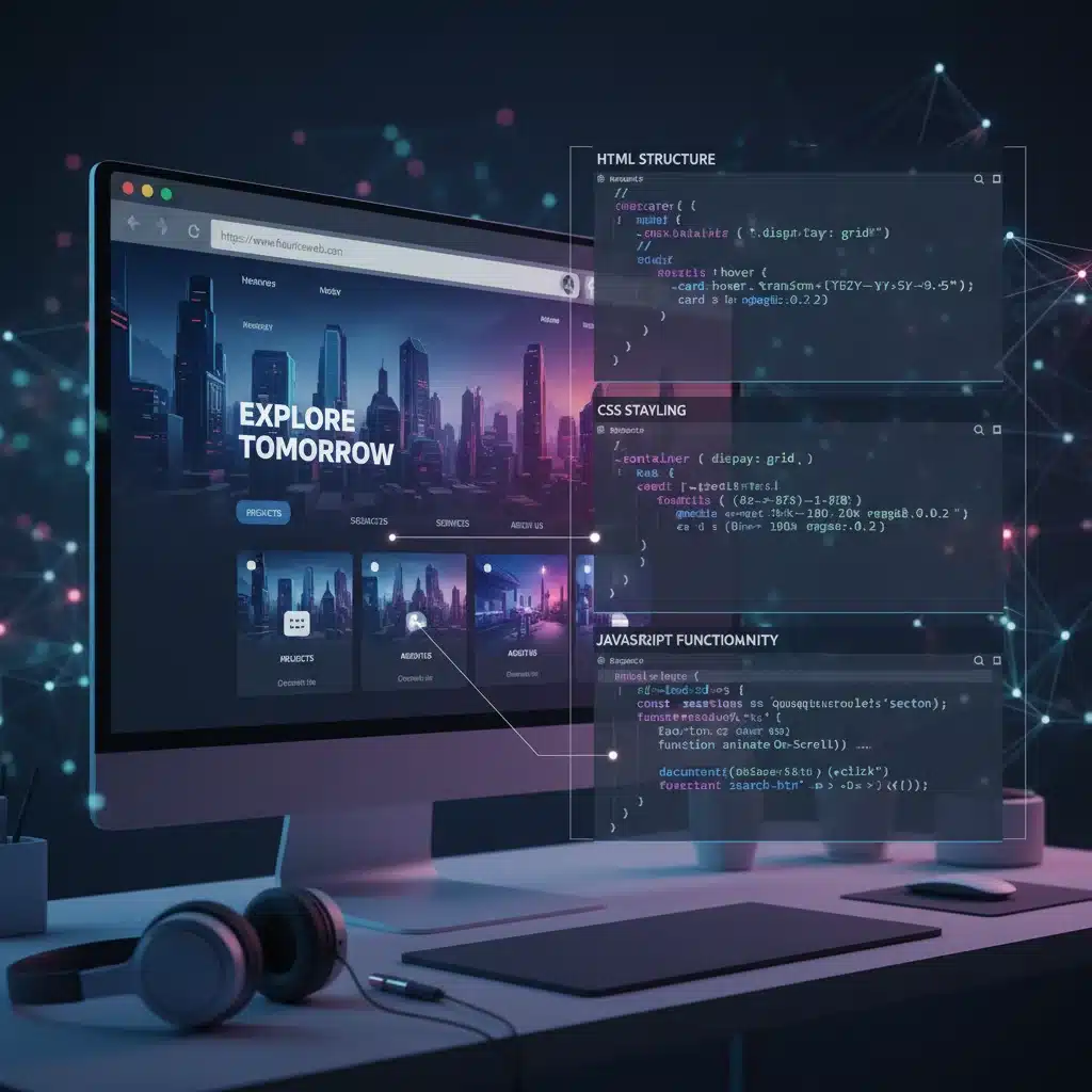 Ejemplo de sitio web interactivo con código HTML, CSS y JavaScript.