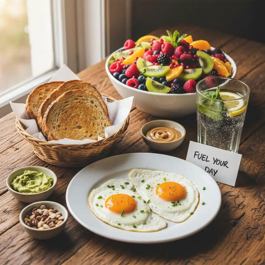 Desayuno nutritivo con frutas, tostadas integrales y huevos, clave para una mañana llena de energía.