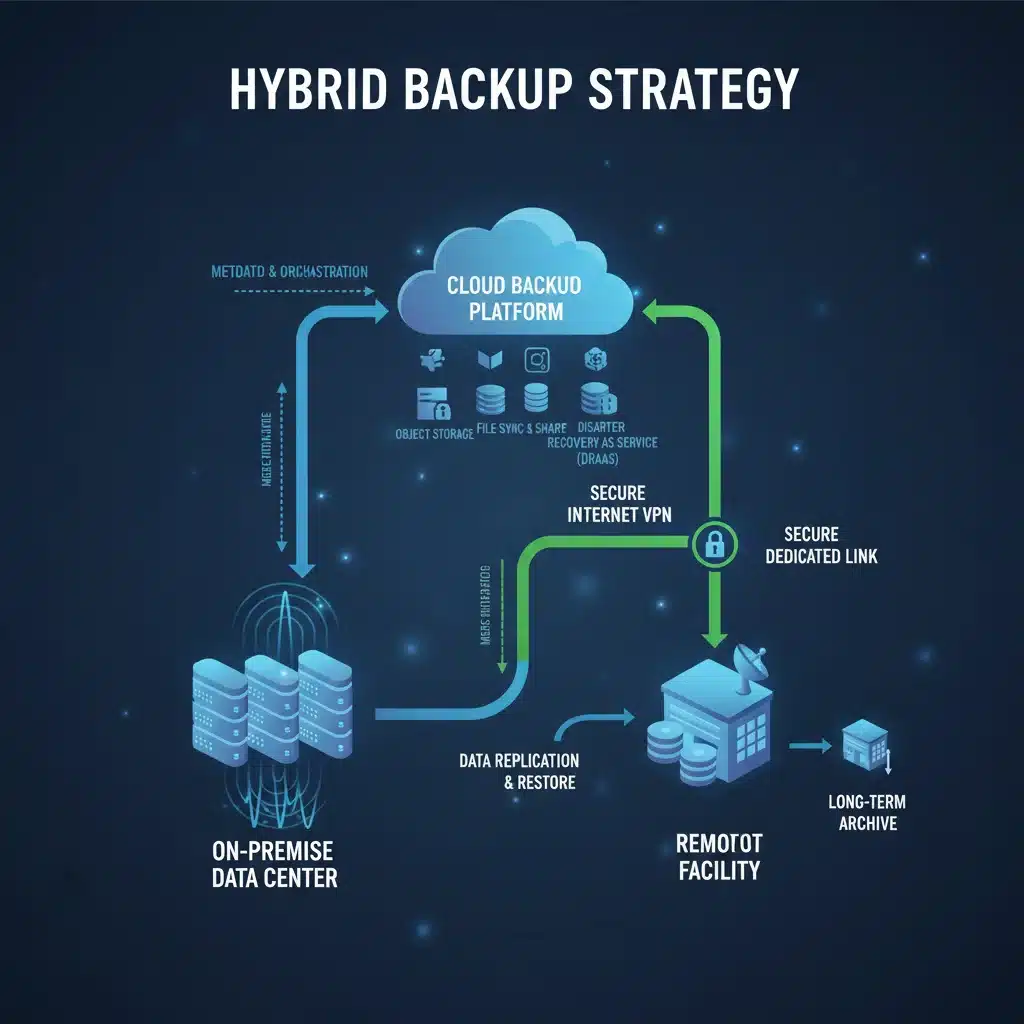 Diagrama de una estrategia de backup híbrido, mostrando flujo de datos entre servidores locales, remotos y la nube