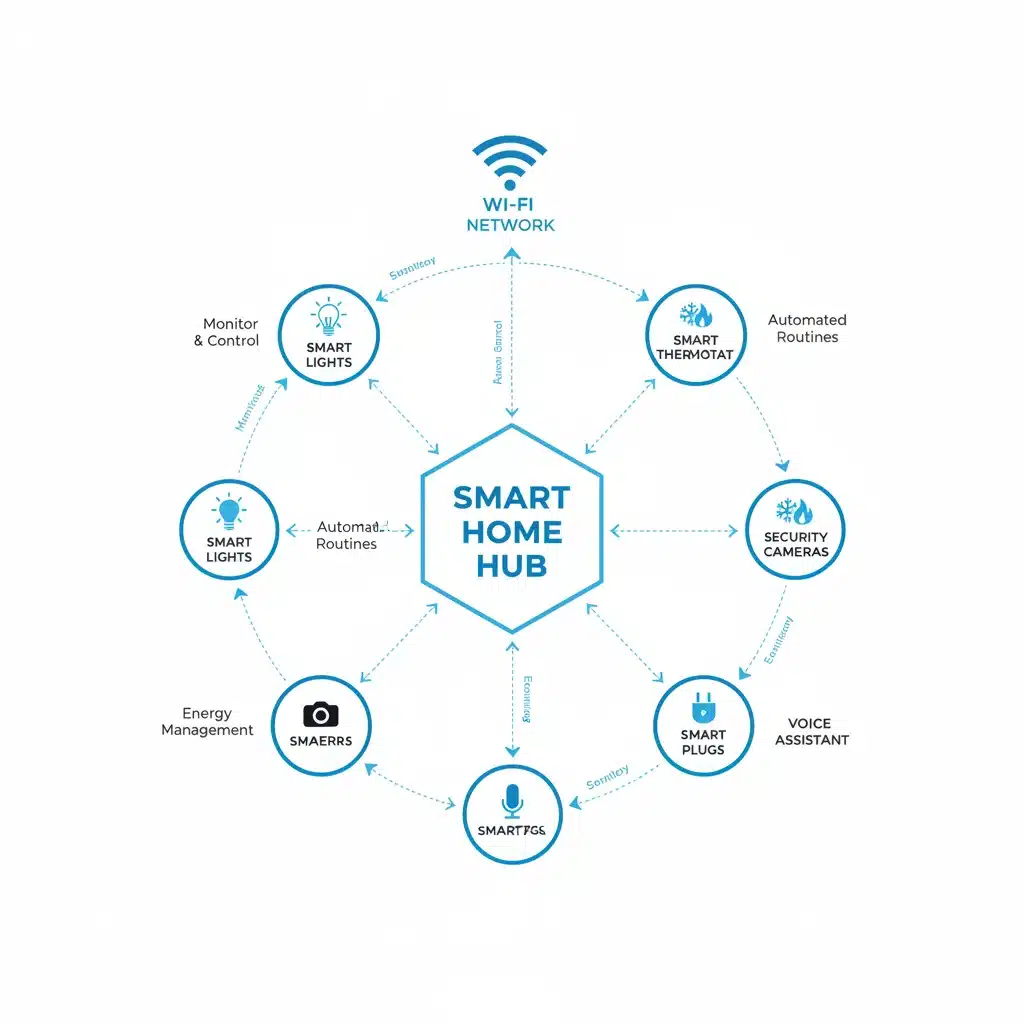 Diagrama de interconexión de dispositivos smart home y red Wi-Fi