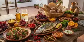Mesa con alimentos frescos de la dieta mediterránea en un entorno soleado español.