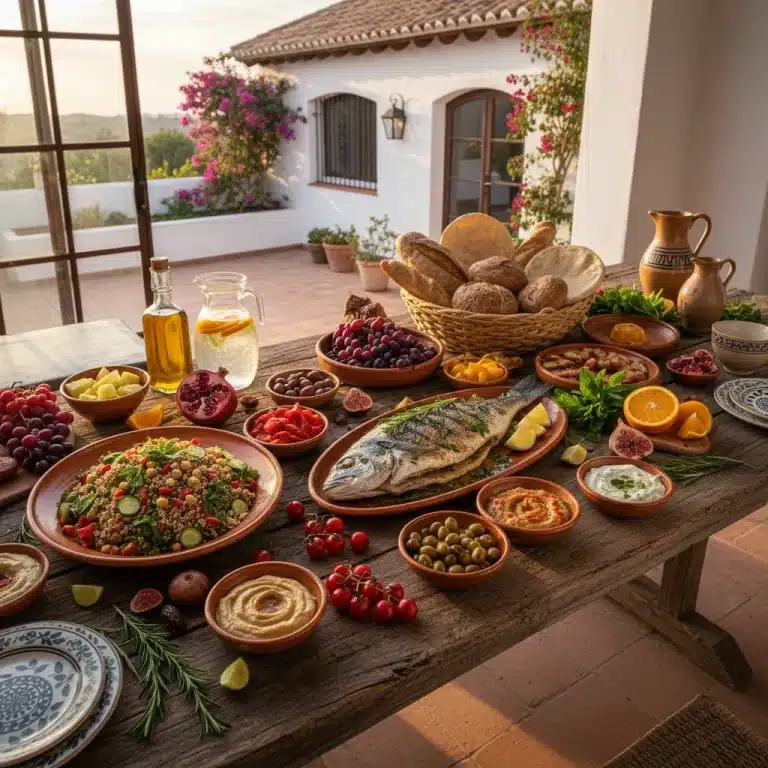 Mesa con alimentos frescos de la dieta mediterránea en un entorno soleado español.