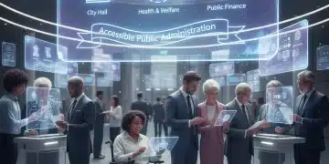Interfaz digital futurista con iconos de servicios públicos y ciudadanos interactuando, simbolizando la digitalización de la administración pública.
