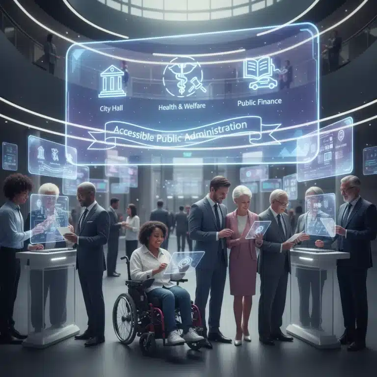 Interfaz digital futurista con iconos de servicios públicos y ciudadanos interactuando, simbolizando la digitalización de la administración pública.