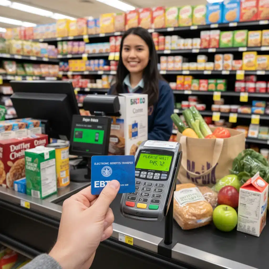 EBT card being used for grocery purchase at a checkout counter