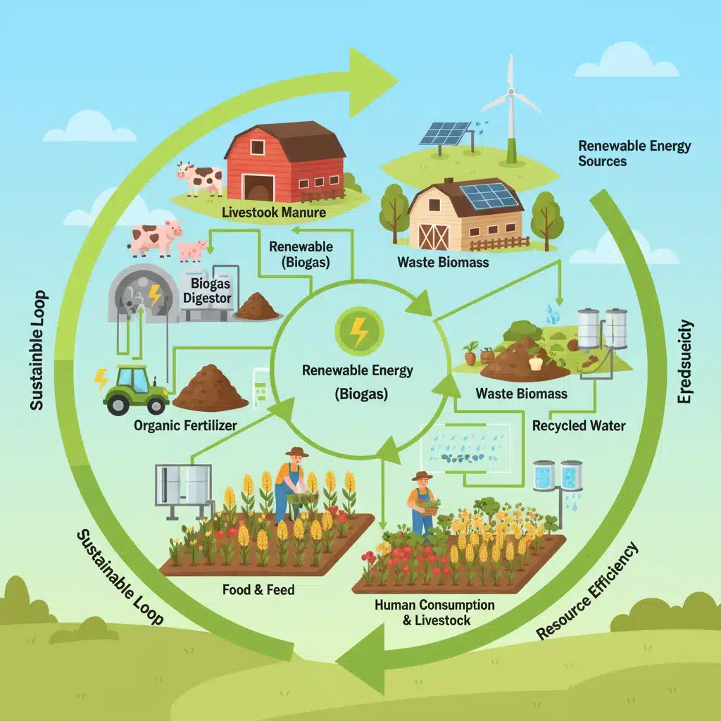 Ilustración de un modelo de economía circular agrícola, con residuos convertidos en recursos y energía renovable, promoviendo la sostenibilidad.