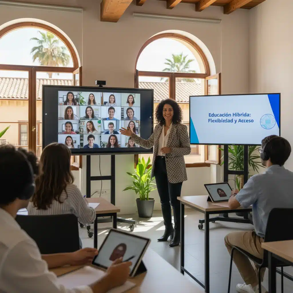 Profesor español dirigiendo una clase híbrida con estudiantes presenciales y remotos