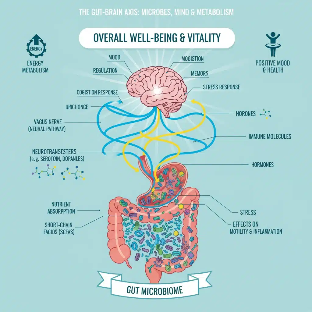 Diagrama complejo del eje intestino-cerebro, mostrando la interconexión entre la salud digestiva y la función cerebral.