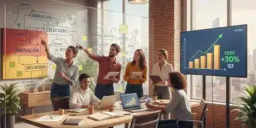 Emprendedores colaborando en un entorno moderno, simbolizando la innovación y el crecimiento de startups en España.