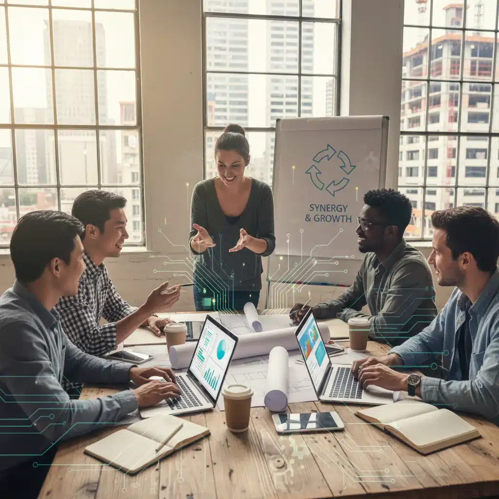 Equipo de emprendedores diversos colaborando en una mesa, simbolizando la creación y el crecimiento de nuevas empresas.