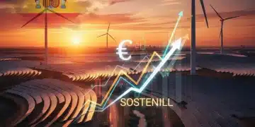 Campo de paneles solares y aerogeneradores al atardecer, representando la inversión en energías renovables en España.