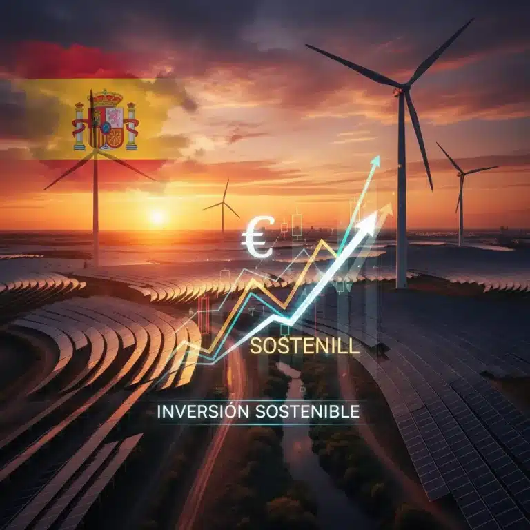 Campo de paneles solares y aerogeneradores al atardecer, representando la inversión en energías renovables en España.