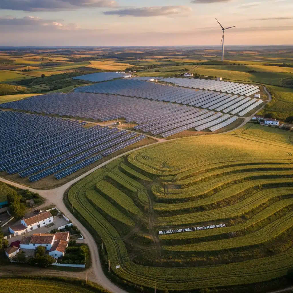 Planta solar y aerogenerador en un paisaje rural español, ilustrando la inversión en energías renovables y la innovación agrícola para el desarrollo rural.