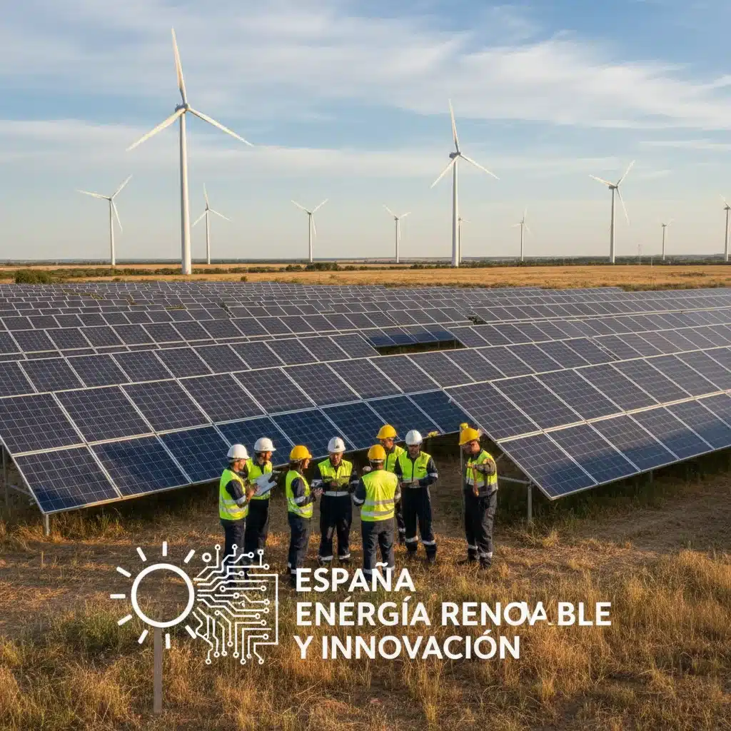 Ingenieros supervisando una planta de energía solar y eólica en España, innovación energética.