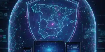 Escudo digital futurista protegiendo dispositivos electrónicos en España 2026