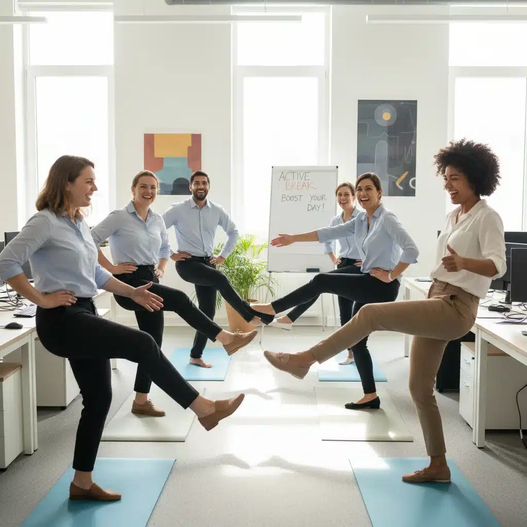 Empleados de oficina realizando estiramientos de piernas de pie para combatir el sedentarismo.