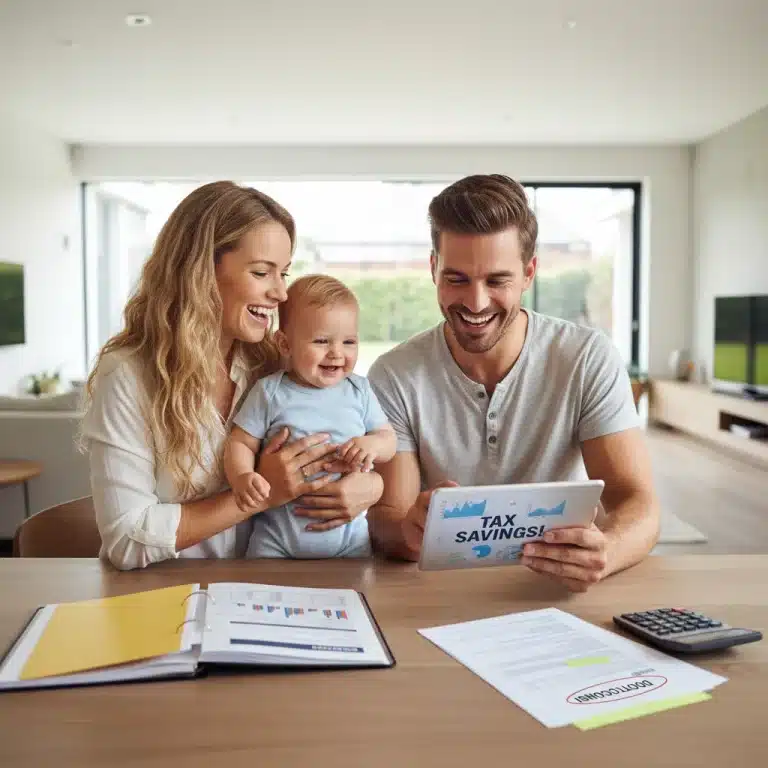 Familia feliz beneficiándose de deducciones fiscales por maternidad y paternidad en España