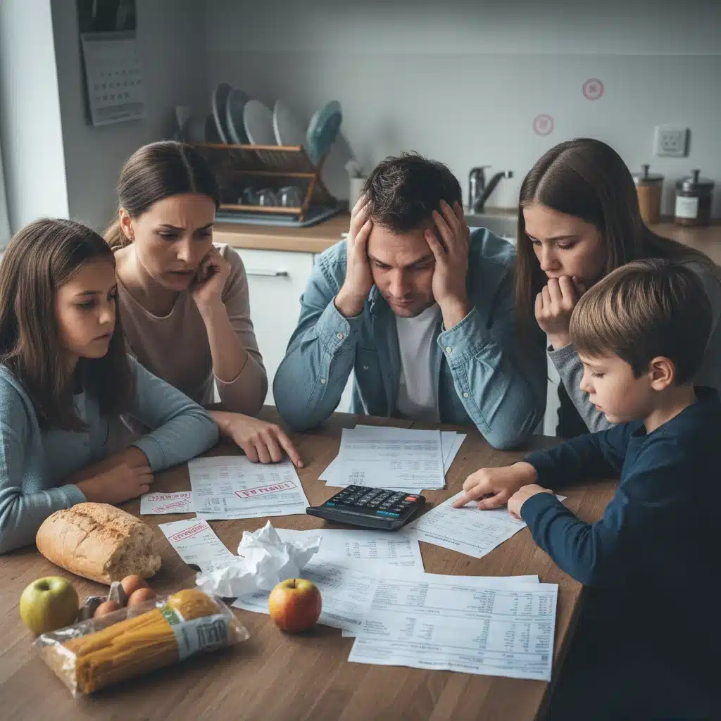 Familia preocupada revisando facturas y presupuesto doméstico debido al aumento del coste de vida.