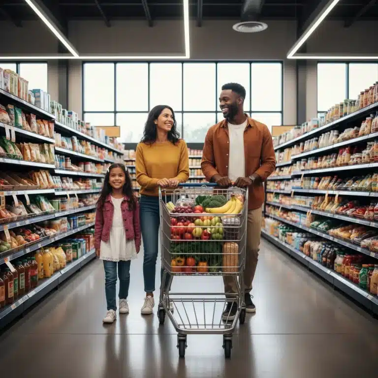 Happy family grocery shopping with full cart, symbolizing food security and maximized SNAP benefits