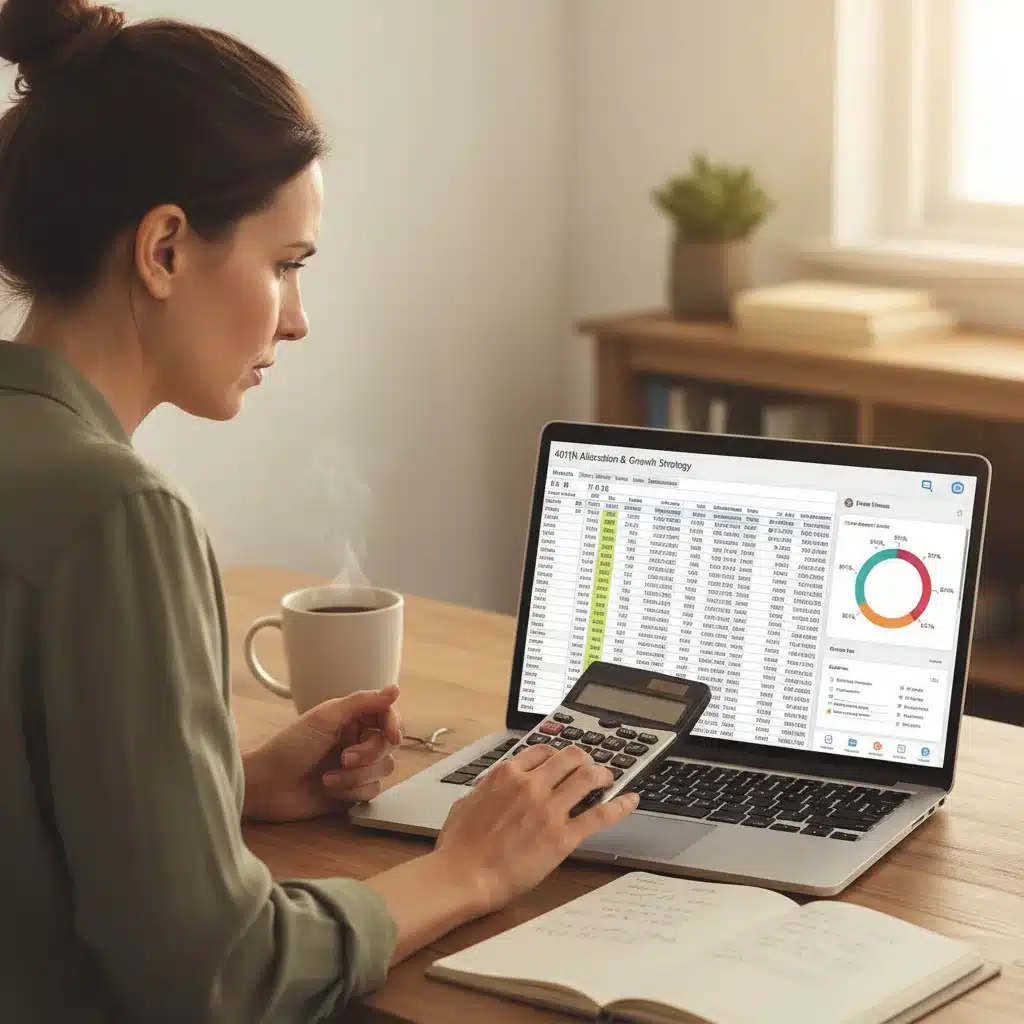 Individual actively reviewing financial statements on laptop, planning 401k strategy.