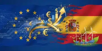 Mapa de España con el logo de la Unión Europea y flechas de inversión, simbolizando los fondos europeos y su impacto en el desarrollo.