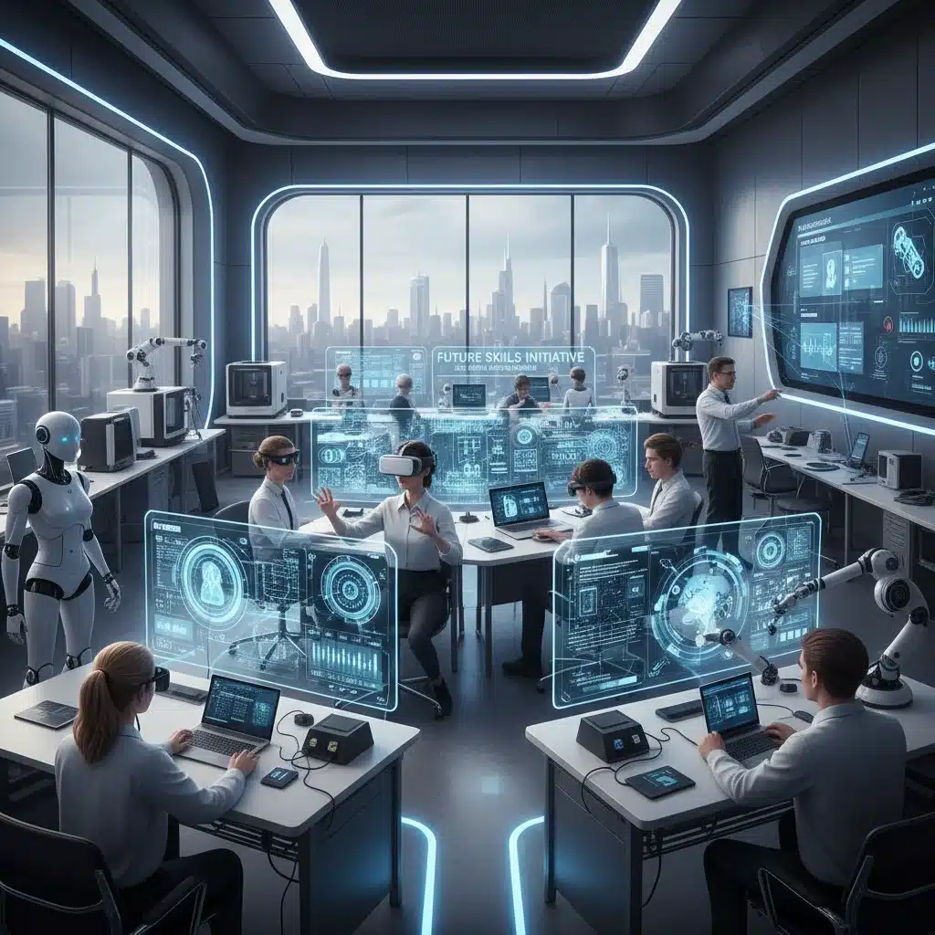 Estudiantes y profesores en un laboratorio digital, representando la inversión en formación y digitalización con fondos europeos.
