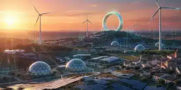 Paisaje español futurista con aerogeneradores y paneles solares, simbolizando el avance de las energías renovables en España.