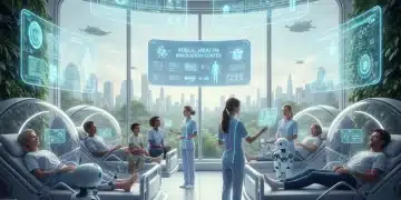 Médicos y enfermeras en un hospital futurista con tecnología avanzada, simbolizando la innovación en sanidad pública.