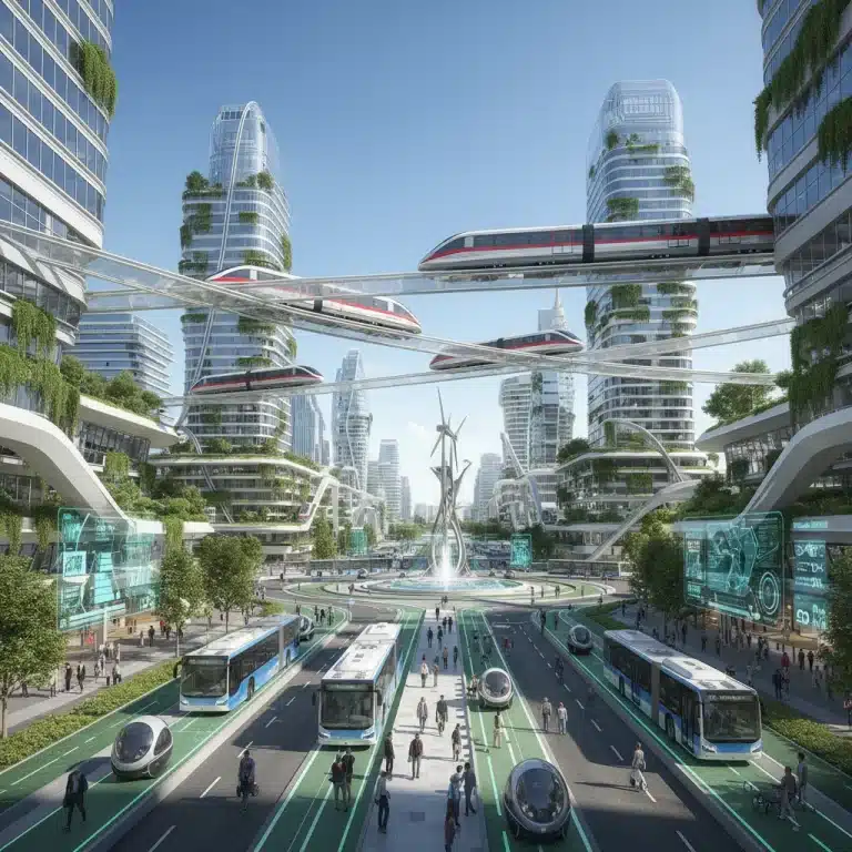 Transporte público futurista en España con autobuses eléctricos y trenes de alta velocidad