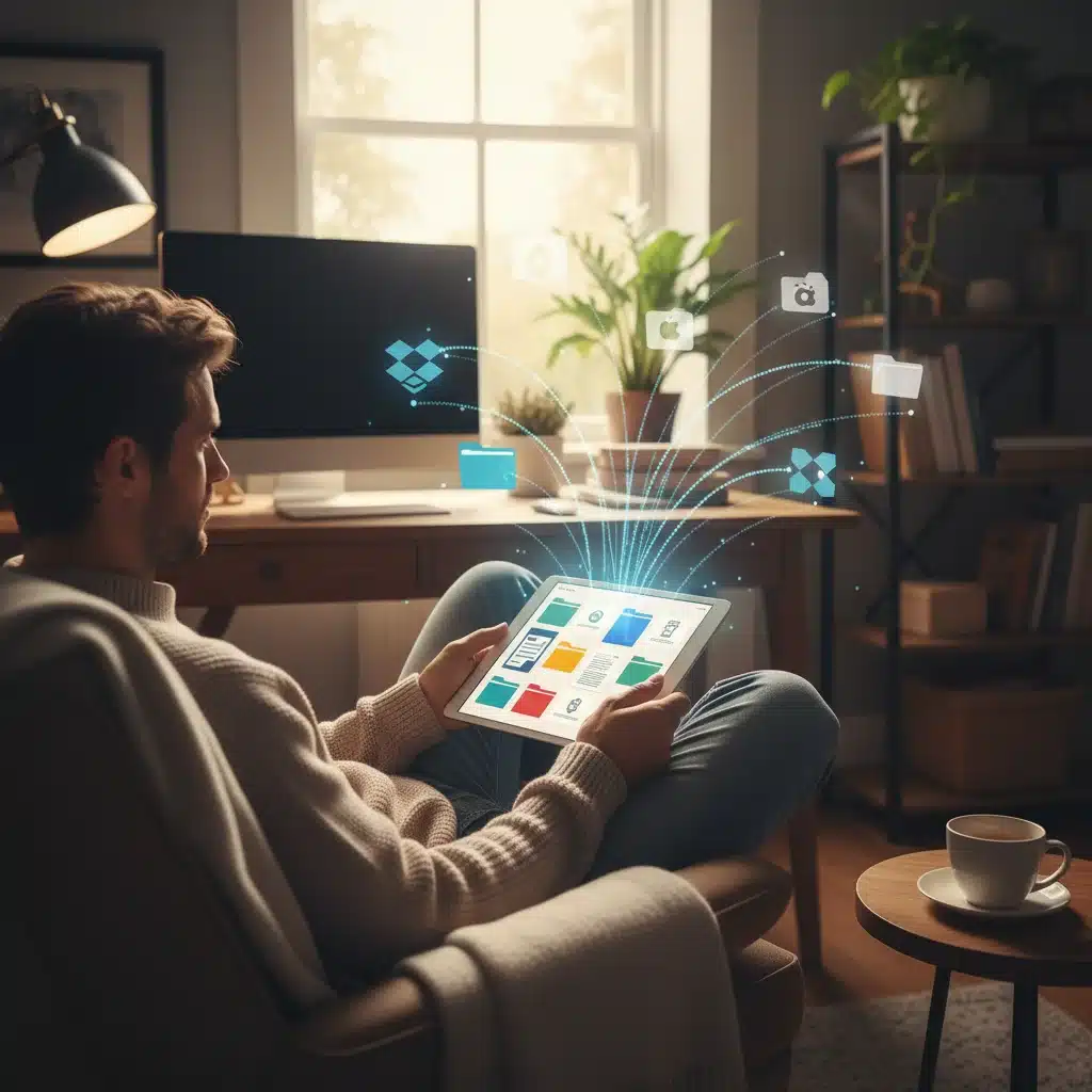 Persona organizando archivos digitales en una tablet, con logotipos de servicios de nube flotando, ilustrando la gestión de datos personales en el hogar.