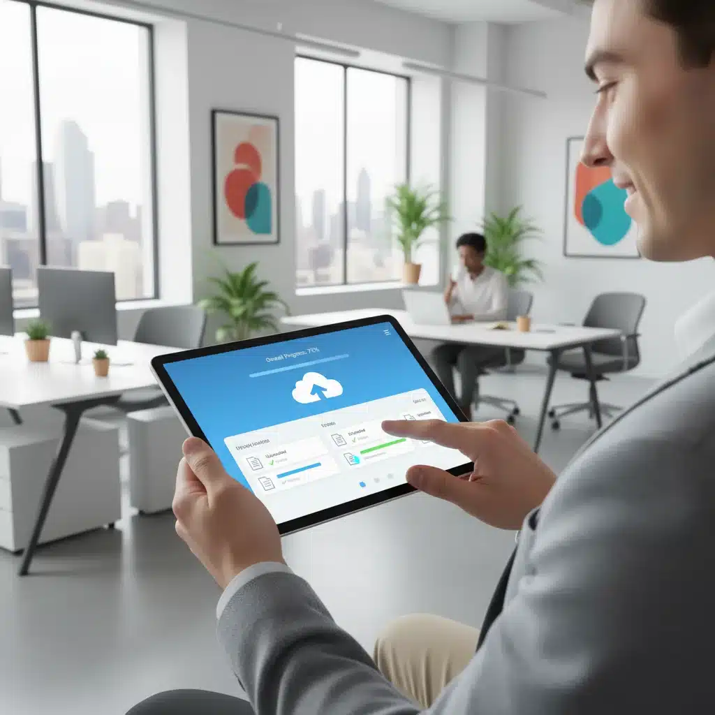 Usuario gestionando copias de seguridad en la nube desde una tablet, simbolizando accesibilidad y facilidad