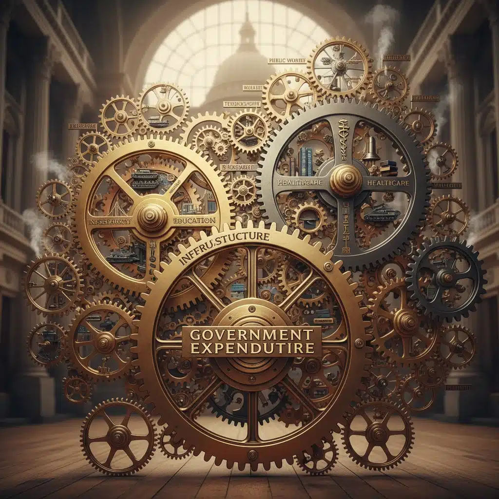 Interconnected gears representing various sectors of government expenditure like infrastructure, education, healthcare, and defense.