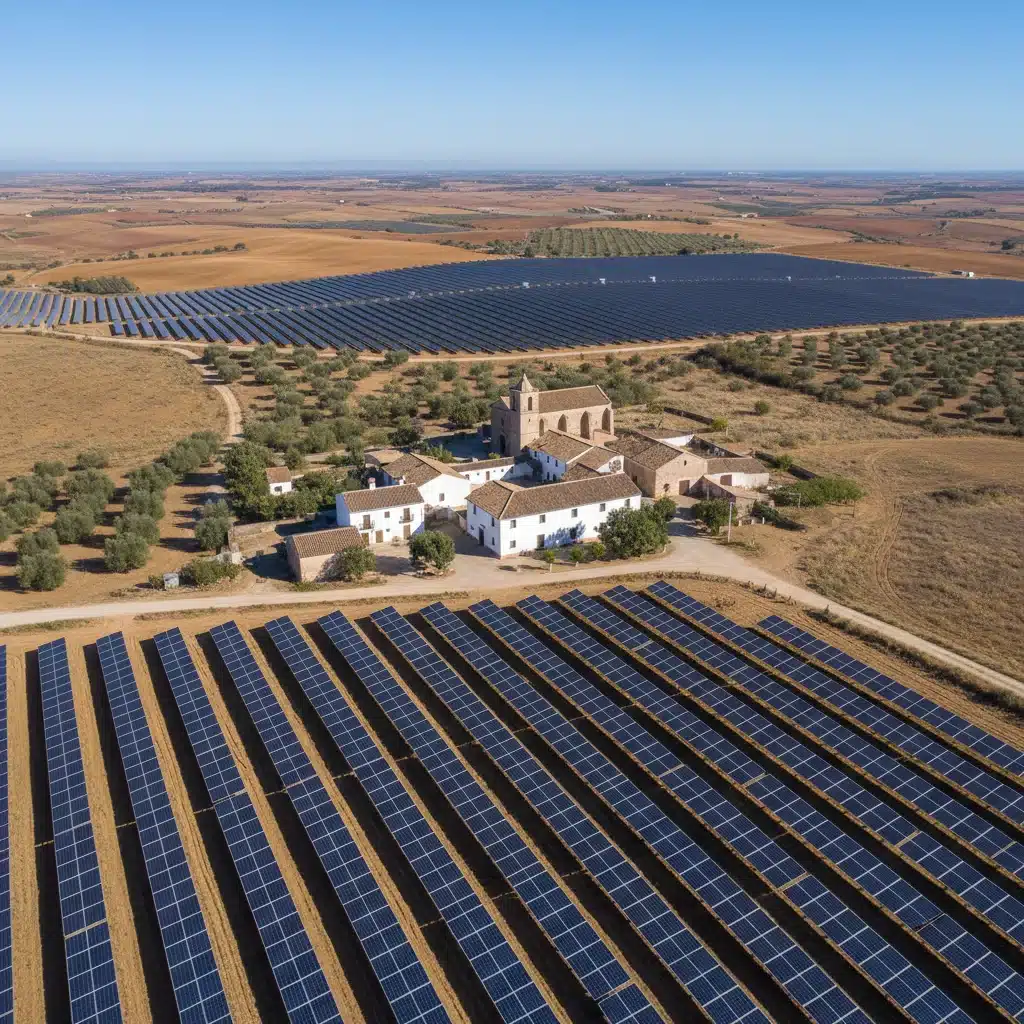 Vista aérea de una granja solar en un entorno rural español, mostrando la magnitud de la energía fotovoltaica.