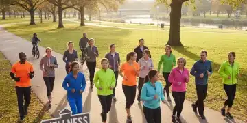 Actividad Física Moderada: 30 Minutos Diarios Reducen Riesgo Cardiovascular un 25% Grupo de personas de diferentes edades realizando actividad física moderada en un parque, con árboles y césped al fondo.