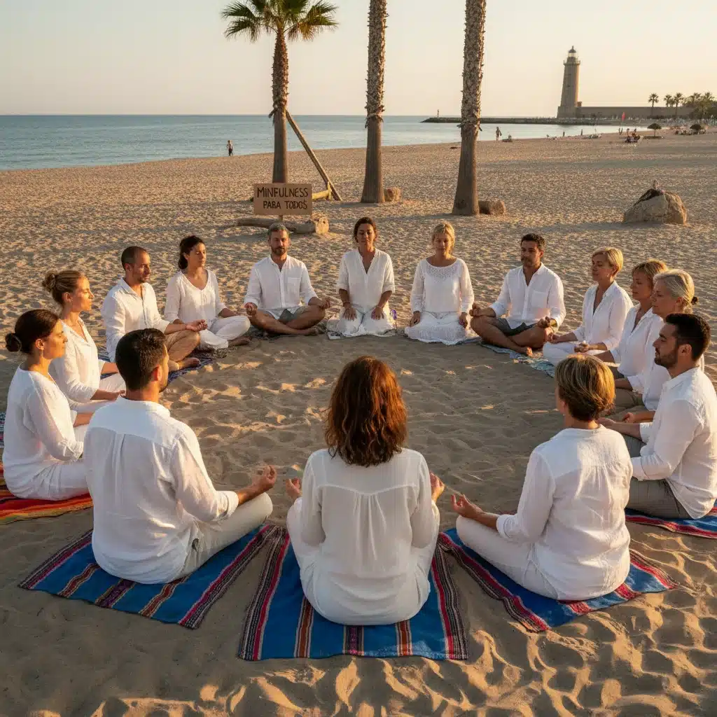 Grupo de personas de diversas edades practicando mindfulness al aire libre en España.