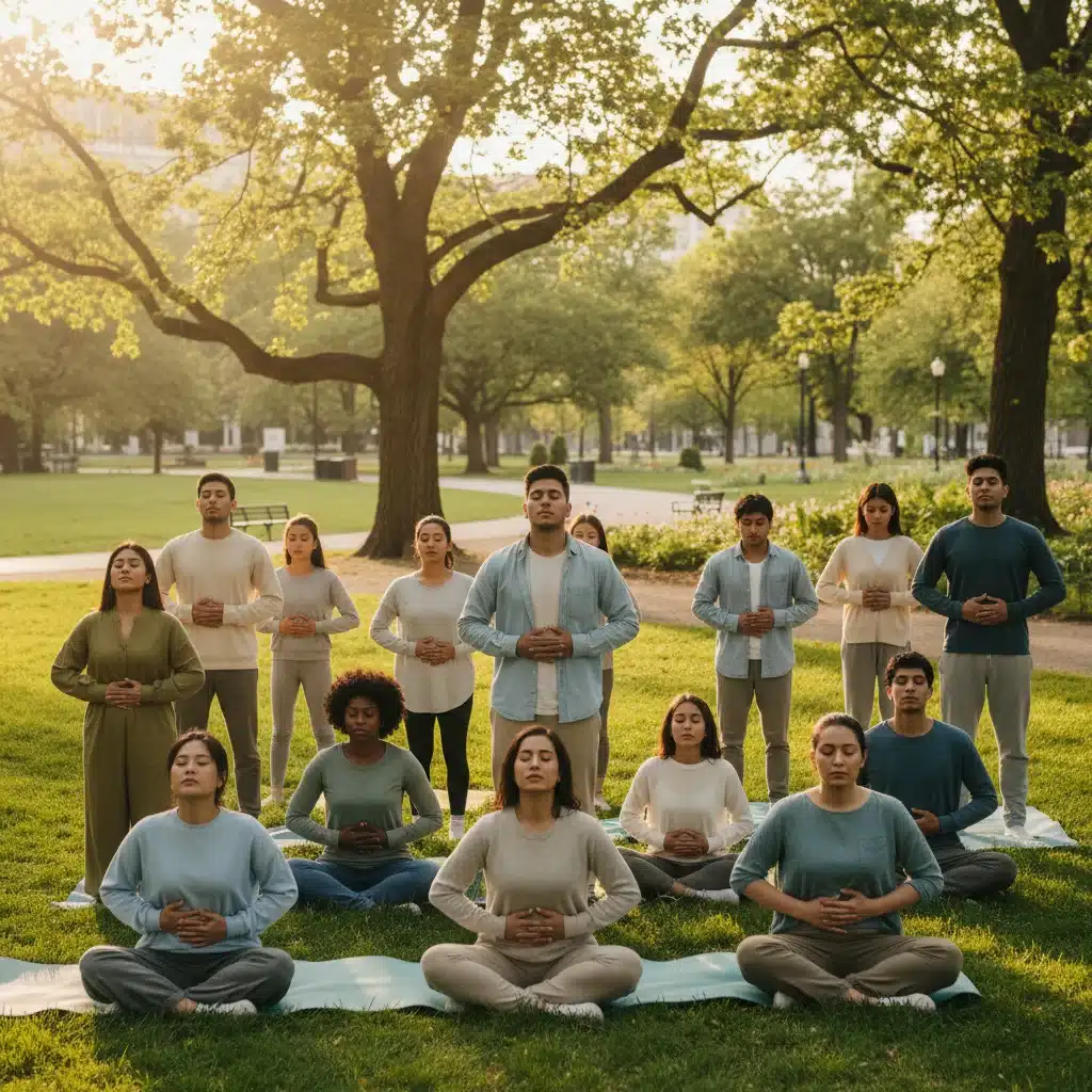 Grupo de personas practicando ejercicios de respiración en un parque, promoviendo la conexión y el bienestar colectivo.